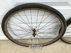 Antique 1900's Front / Rear 28 Wood Wheel Set / Us Giant 76 Chain Tread Tires